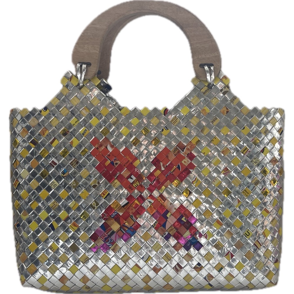 Y2K Multicolored Hand Crafted Purse made of Recycled Wrappers Wood Handles